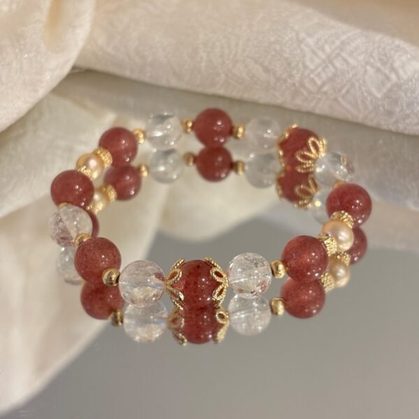Strawberry Quartz & White Archaize Quartz Bracelet with Gold Accents